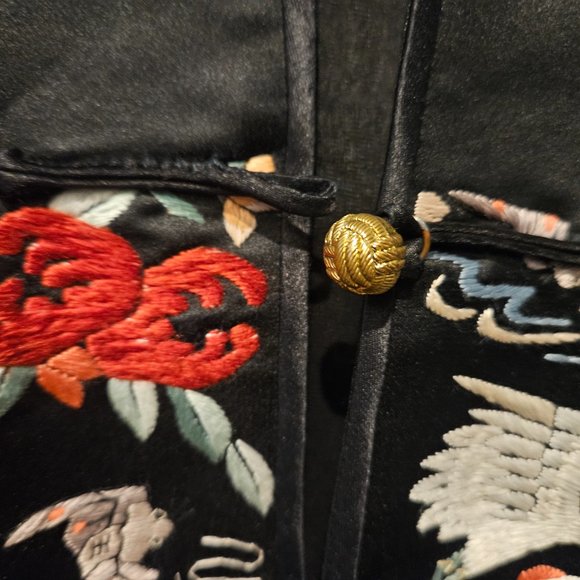 Silk Embroidered Black Floral Birds Jacket 3/4 Sleeve Side Slits DUNHUANG XL - Picture 4 of 7